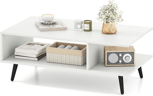 Tavolino da Caffè a 2 Livelli, Tavolino Moderno con Gambe in Metallo e Ripiano, Tavolo Centrale Rettangolare per Soggiorno, Studio e Ufficio (Bianco)