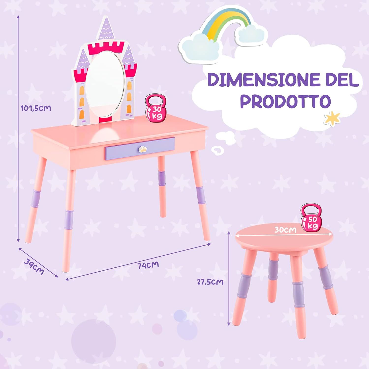 2 in 1 Set Toletta per Bambini con Sgabello e Specchio Rimovibile, Tavolo da Trucco con Molti Accessori e Cassetto, Specchiera Bambina a Tema Fiabesco, 74 x 39 x 101 cm (Rosa)