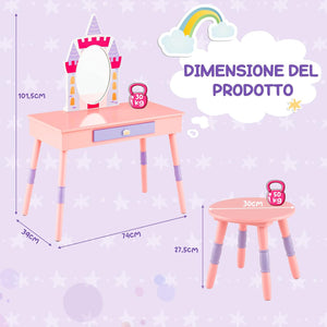 2 in 1 Set Toletta per Bambini con Sgabello e Specchio Rimovibile, Tavolo da Trucco con Molti Accessori e Cassetto, Specchiera Bambina a Tema Fiabesco, 74 x 39 x 101 cm (Rosa)