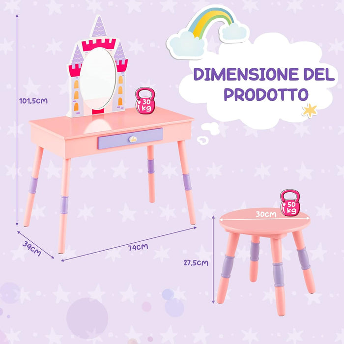 2 in 1 Set Toletta per Bambini con Sgabello e Specchio Rimovibile, Tavolo da Trucco con Molti Accessori e Cassetto, Specchiera Bambina a Tema Fiabesco, 74 x 39 x 101 cm (Rosa)