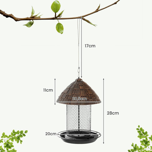 Mangiatoia per Uccelli da Esterno, Mangiatoia Appendibile in Metallo Anti-Scoiattolo con Posatoio, Fori di Drenaggio e Gancio, Mangiatoia per Uccelli Selvatici da Balcone e Giardino
