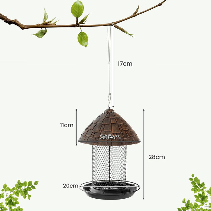 Mangiatoia per Uccelli da Esterno, Mangiatoia Appendibile in Metallo Anti-Scoiattolo con Posatoio, Fori di Drenaggio e Gancio, Mangiatoia per Uccelli Selvatici da Balcone e Giardino