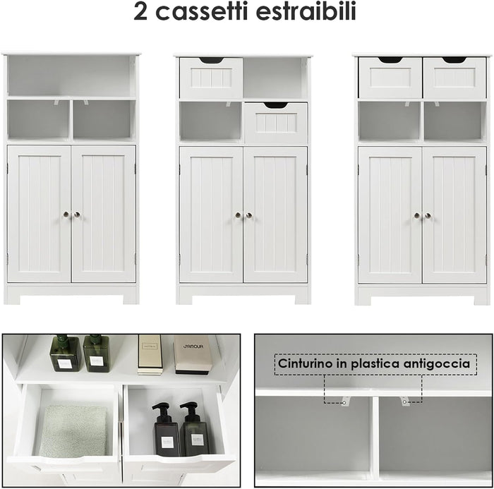 Armadietto Terra da Bagno Mobile Autoportante, Mobiletto Ufficcio Multiuso, con Cassetti e Ripiani, Ampio Spazio, Legno (Bianco)