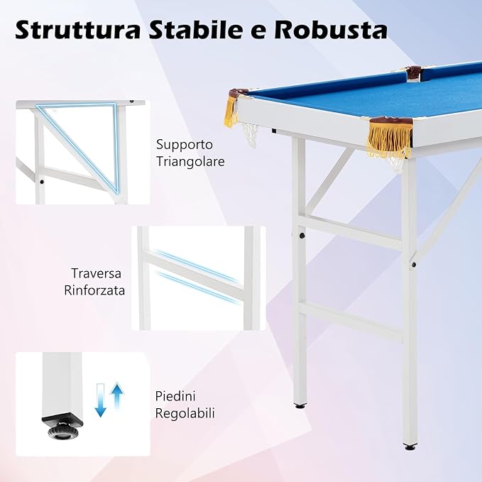 Tavolo da Biliardo Pieghevole, Mini Tavolo da Gioco Biliardo con Set di Accessori Stecche Palline Gessetti e Spazzola, Piedi Regolabili, per Sala Giochi bar Palestra, 122x64x78 cm