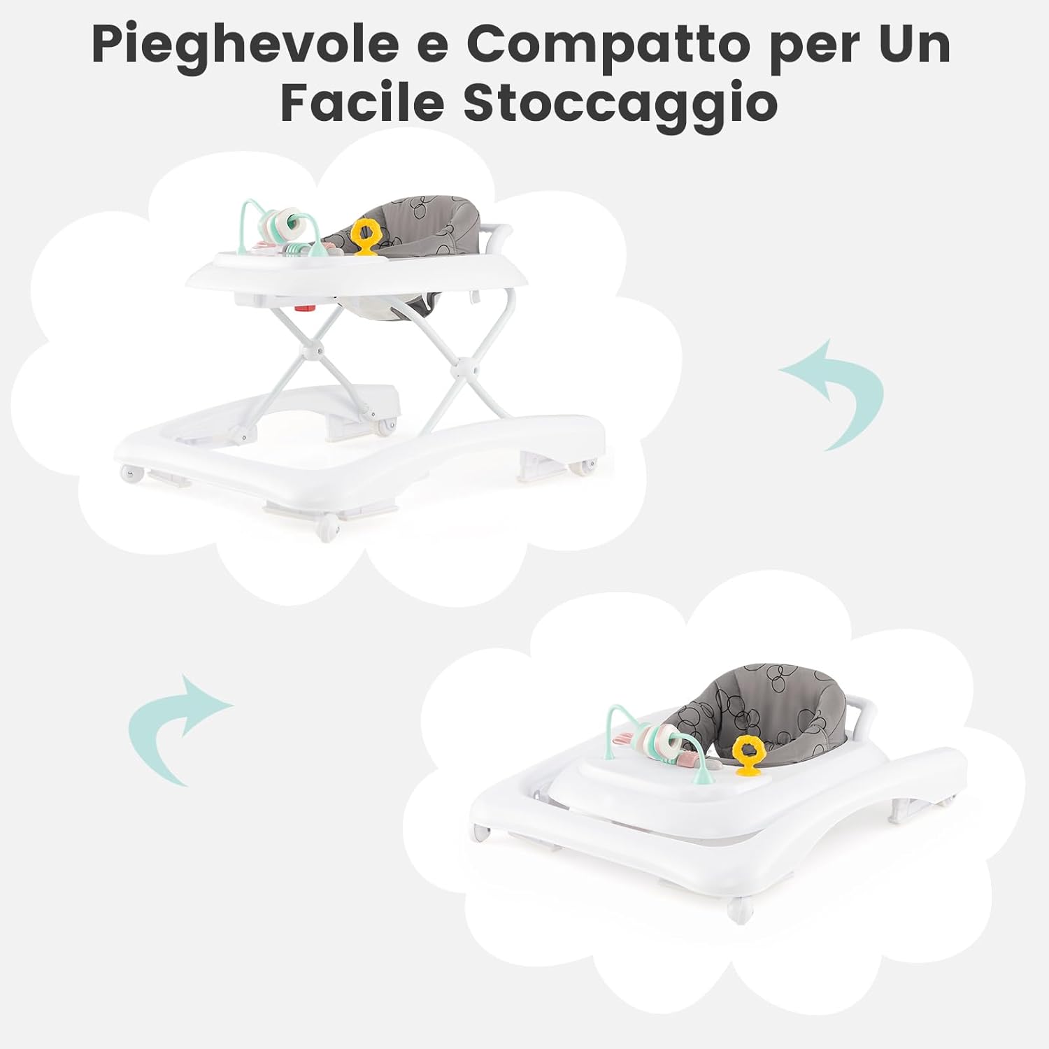 3 in 1 Girello per Bambini, Girello Pieghevole per Bambini, con 3 Altezze Regolabili, Sedile Imbottito e Piatto Giocattolo Rimovibile, Girello a Spinta con Ruote, per Bambini 6+ Mesi (Grigio)