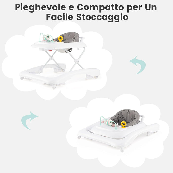 3 in 1 Girello per Bambini, Girello Pieghevole per Bambini, con 3 Altezze Regolabili, Sedile Imbottito e Piatto Giocattolo Rimovibile, Girello a Spinta con Ruote, per Bambini 6+ Mesi (Grigio)