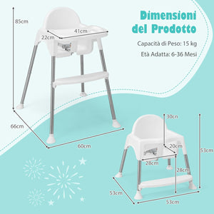 4 in 1 Seggiolone Papa per Bambini, Seggiolone per Neonati con Doppio Vassoio Rimovibile a 2 Posizioni, Cintura di Sicurezza e Poggiapiedi, per Bambini 6-36 Mesi (Bianco)