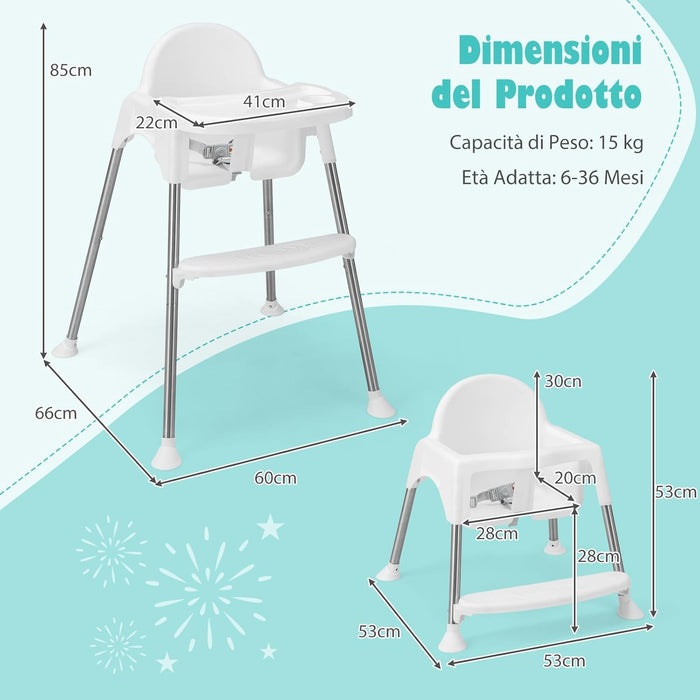4 in 1 Seggiolone Papa per Bambini, Seggiolone per Neonati con Doppio Vassoio Rimovibile a 2 Posizioni, Cintura di Sicurezza e Poggiapiedi, per Bambini 6-36 Mesi (Bianco)