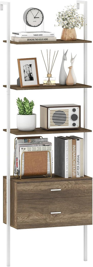 Libreria a Scala 184 cm, Scaffale da Parete a 6 Ripiani con 2 Cassetti e Struttura in Metallo, Ripiano Espositivo Aperto Moderno per Soggiorno Studio Ufficio, 60 x 30 x 184 cm (Naturale)