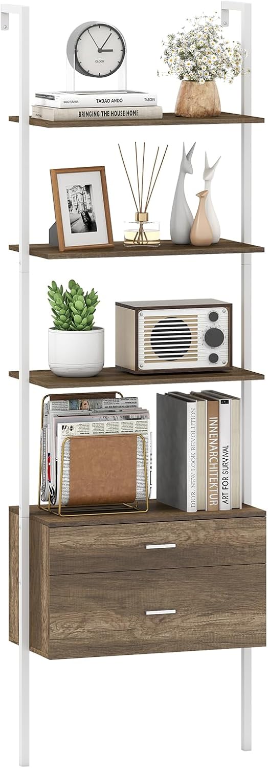 Libreria a Scala 184 cm, Scaffale da Parete a 6 Ripiani con 2 Cassetti e Struttura in Metallo, Ripiano Espositivo Aperto Moderno per Soggiorno Studio Ufficio, 60 x 30 x 184 cm (Naturale)