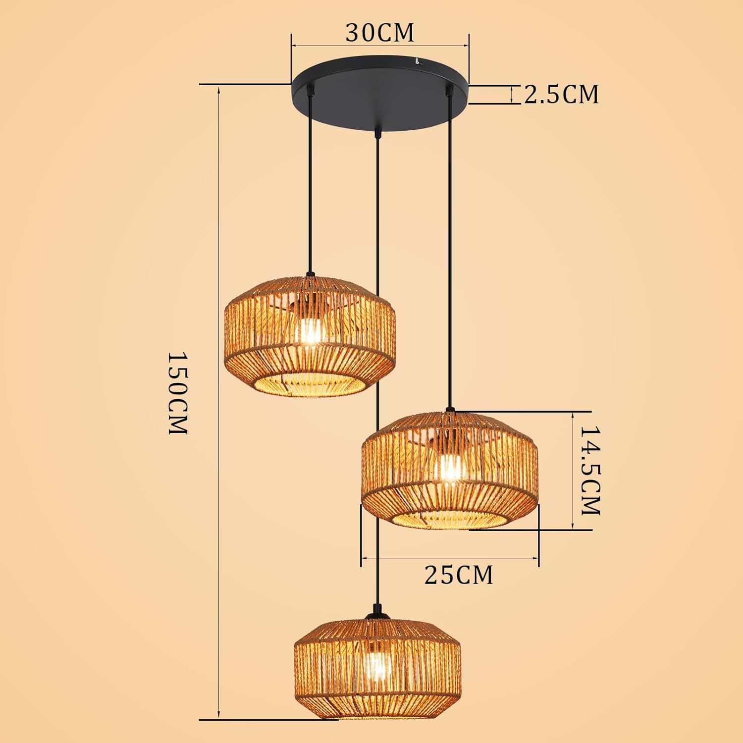 Lampada a sospensione ZMH vintage a 3 luci E27 (lampadina non inclusa)