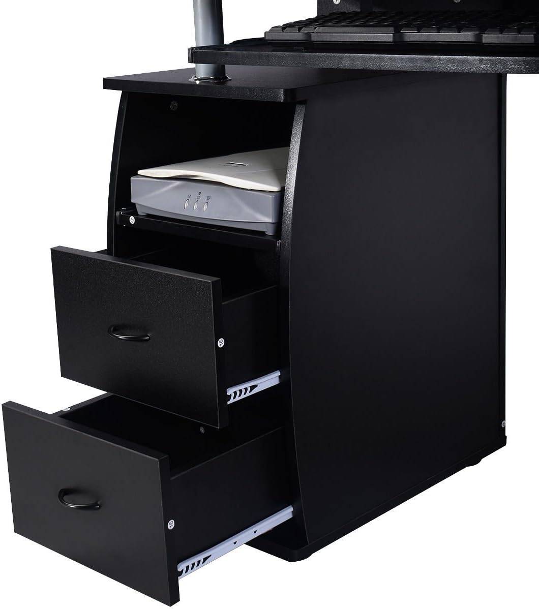 Scrivania Salvaspazio, Scrivania con Cassetti, Vassoio per Tasteriera, Ripiani e Porta Stampante, Scrivania Porta PC per Ufficio e Studio, 120 x 55 x 76 cm, Portata 60 kg (Nero)