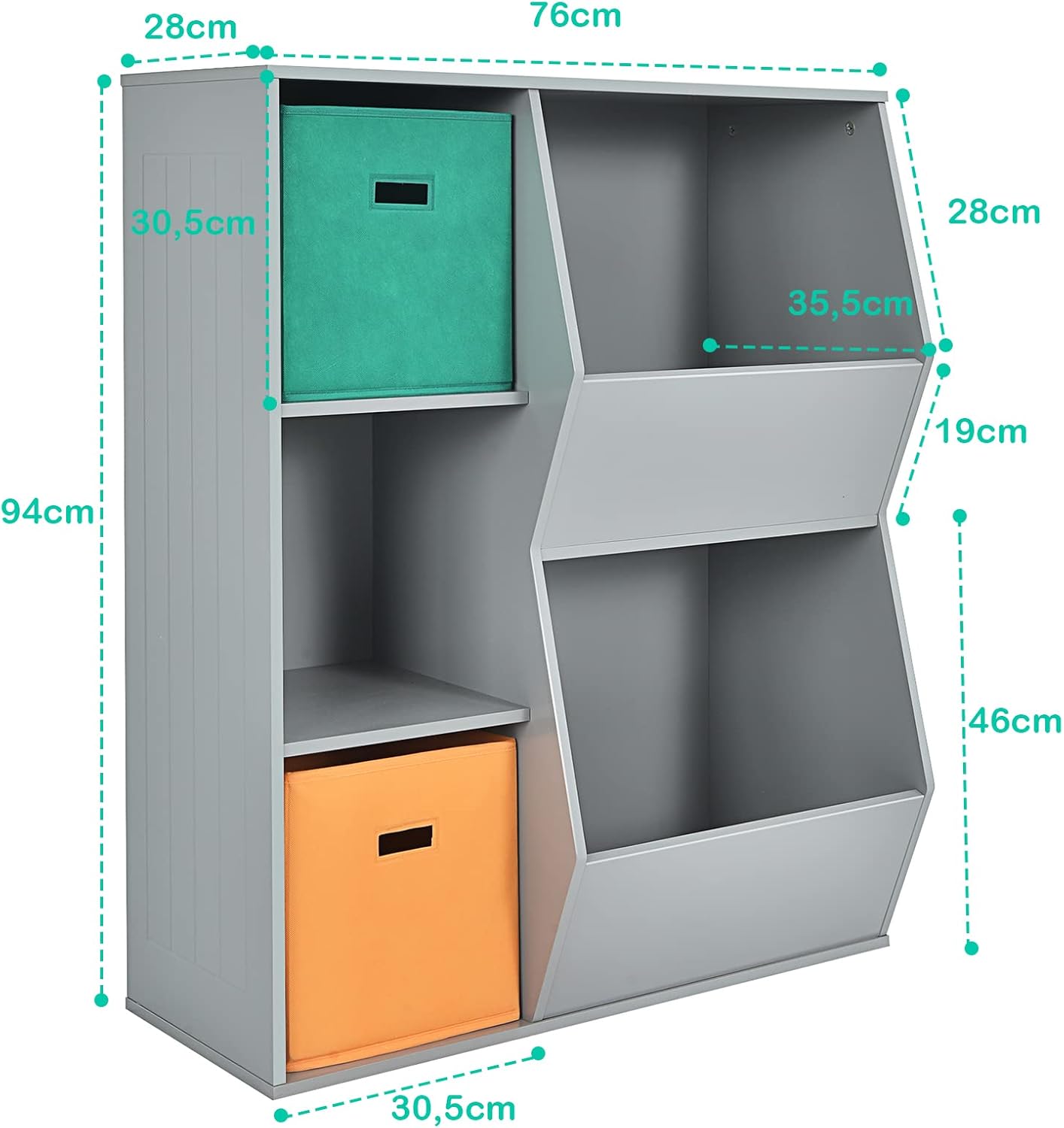 Armadietto Porta Giochi per Bambini, Organizer Giocattoli con 2 Cestini Extra, Libreria Multifunzionale per Libri Giocattoli Bambole, 76x28x94 cm, Grigio