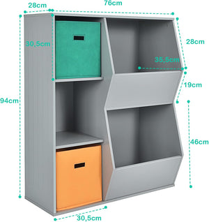 Armadietto Porta Giochi per Bambini, Organizer Giocattoli con 2 Cestini Extra, Libreria Multifunzionale per Libri Giocattoli Bambole, 76x28x94 cm, Grigio