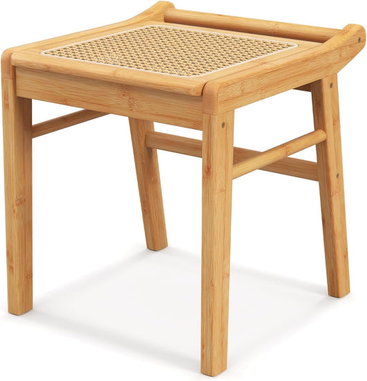 Sgabello per Tavolo da Trucco in Bambù, Sgabello con Seduta in Rattan e Piedini Antiscivolo, per Soggiorno, Camera da Letto, 38 x 40 x 43 cm