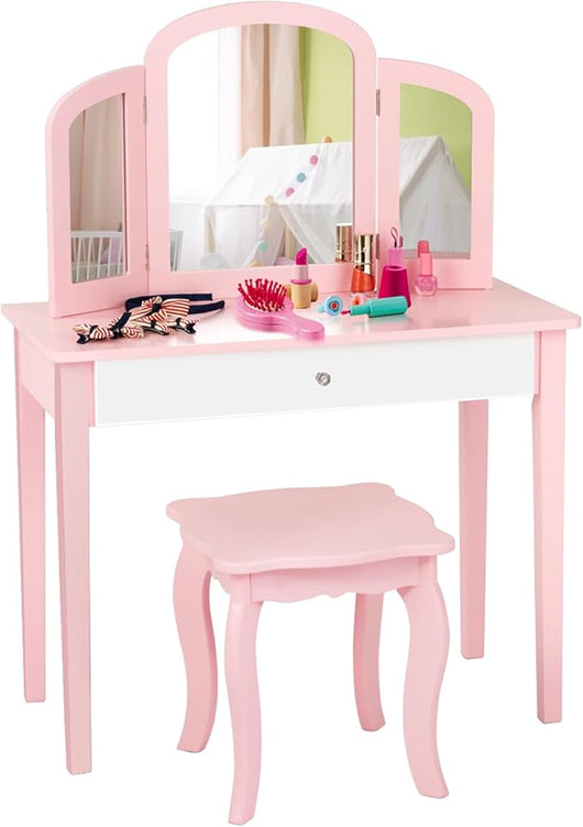 Toeletta Trucco per Bambina, Specchiera Trittica per Ragazza in Legno Robusto con Sgabello e Cassetto, Postazione Trucco 2 in 1 per Cameretta e Cmera da Letto, 95x70x34cm(Rosa)