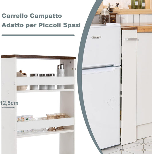 Carrello Portaoggetti da Cucina, Scaffale con Maniglia Laterale e Ruote, Carrello Salvaspazio con 3 Scaffali Stretti, 48x12,5x81 cm
