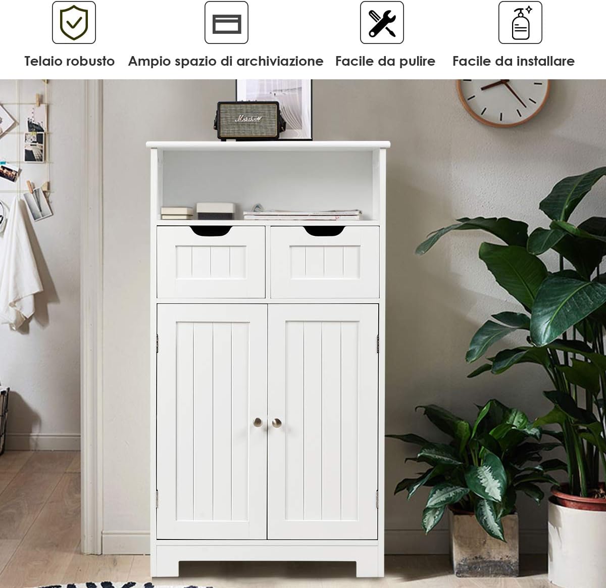 Armadietto Terra da Bagno Mobile Autoportante, Mobiletto Ufficcio Multiuso, con Cassetti e Ripiani, Ampio Spazio, Legno (Bianco)