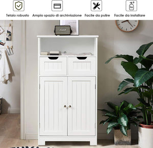 Armadietto Terra da Bagno Mobile Autoportante, Mobiletto Ufficcio Multiuso, con Cassetti e Ripiani, Ampio Spazio, Legno (Bianco)
