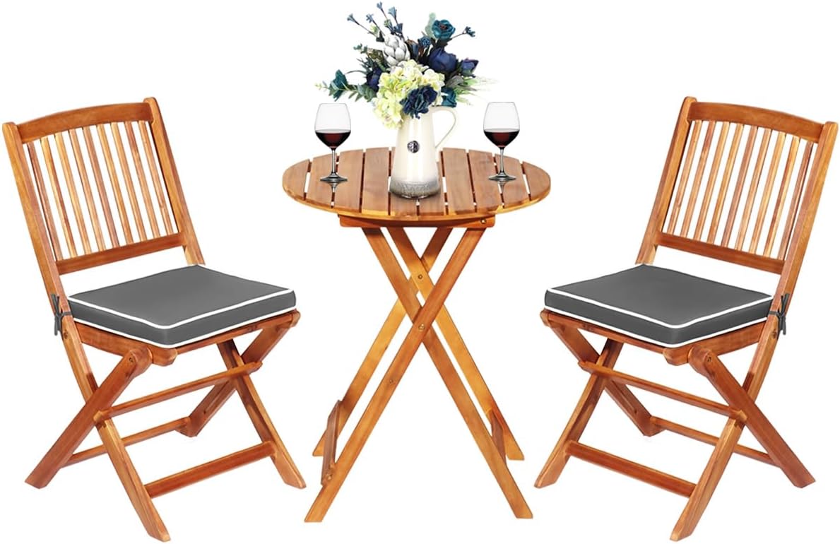 Set Tavolino e Sedie da Girdino Pieghevole, Set da Bistro 3 Pezzi in Legno di Acacia, con Cuscino, Set di Mobili da Esterno, Tavolino Portato 80kg, Sedie Portate 160kg (Cuscino Grigio)