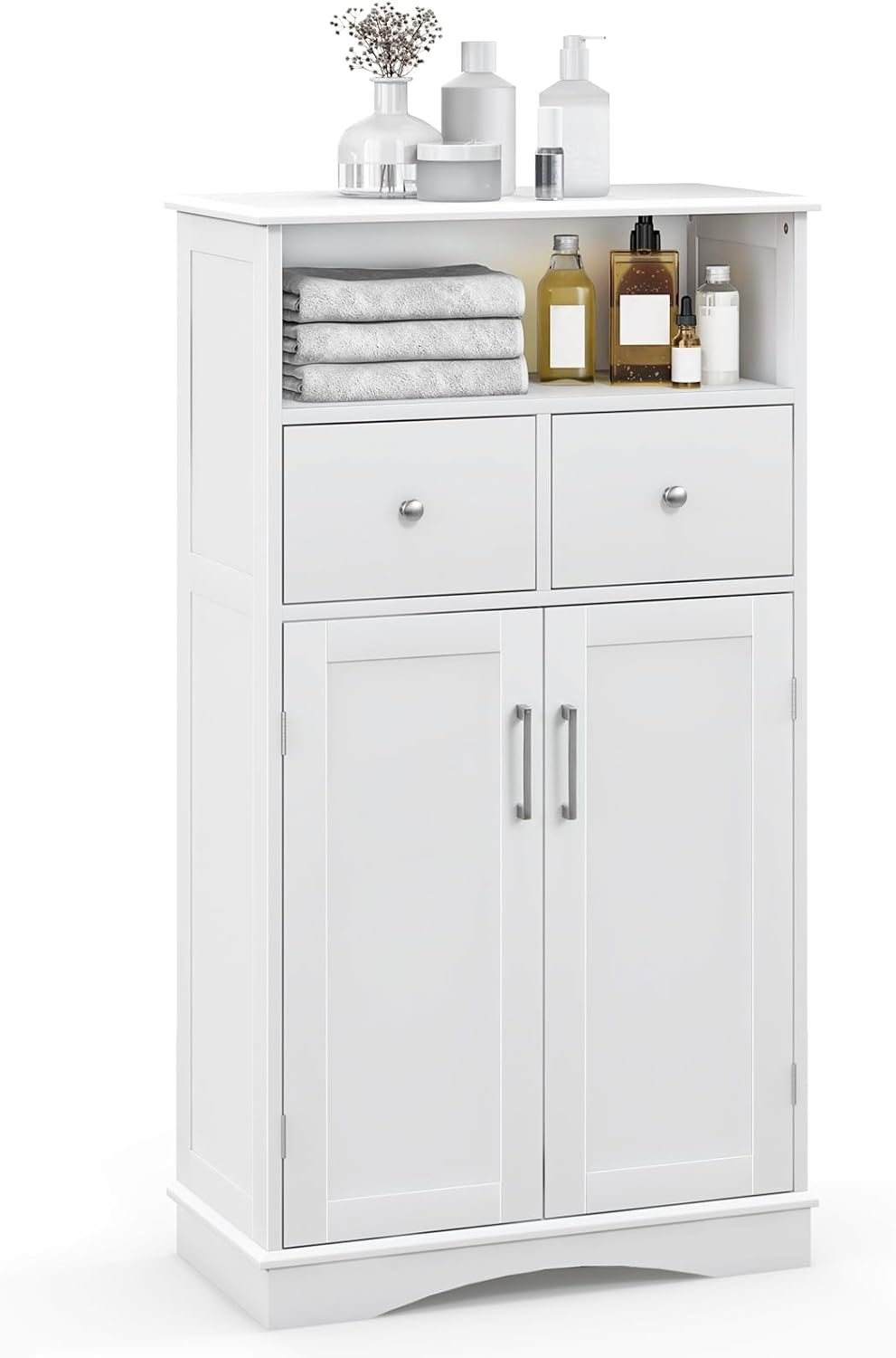 Armadio da Terra con 2 Porte, Mobile da Bagno con 2 Cassetti e 2 Ripiani Regolabili, Mobiletto Multifunzionale per Bagno Cucina e Soggiorno, 60x30x108 cm (Bianco)