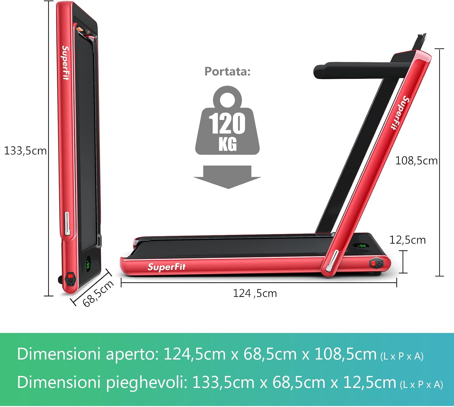 Tapis Roulant Elettrico Pieghevole Salvaspazio, Tapis Roulant Velocità Regolabile 1-12 km/h, con Altoparlante, Bluetooth, Telecomando e Schermo LED, Portata 120 kg (Rosso)