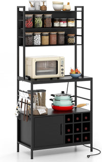 Scaffale da Cucina con Multipresa, Scaffale per Microonde su 5 Ripiani, Mensola da Cucina con 4 Ganci e 9 Portabottiglie di Vino per Sala Pranzo, 107 x 37 x 160 cm (Nero)