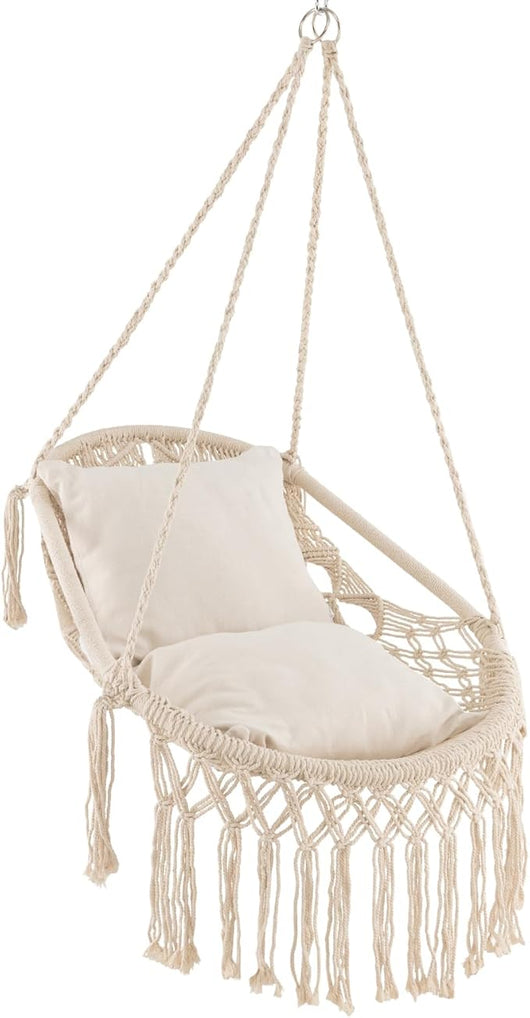 Poltrona Sospesa da Giardino, Sedia Amaca Altalena Macrame con Morbidi Cuscini, Corde e Catena, Sedia Altalena per Camera da Letto, Giardino, Balcone, Max 150kg
