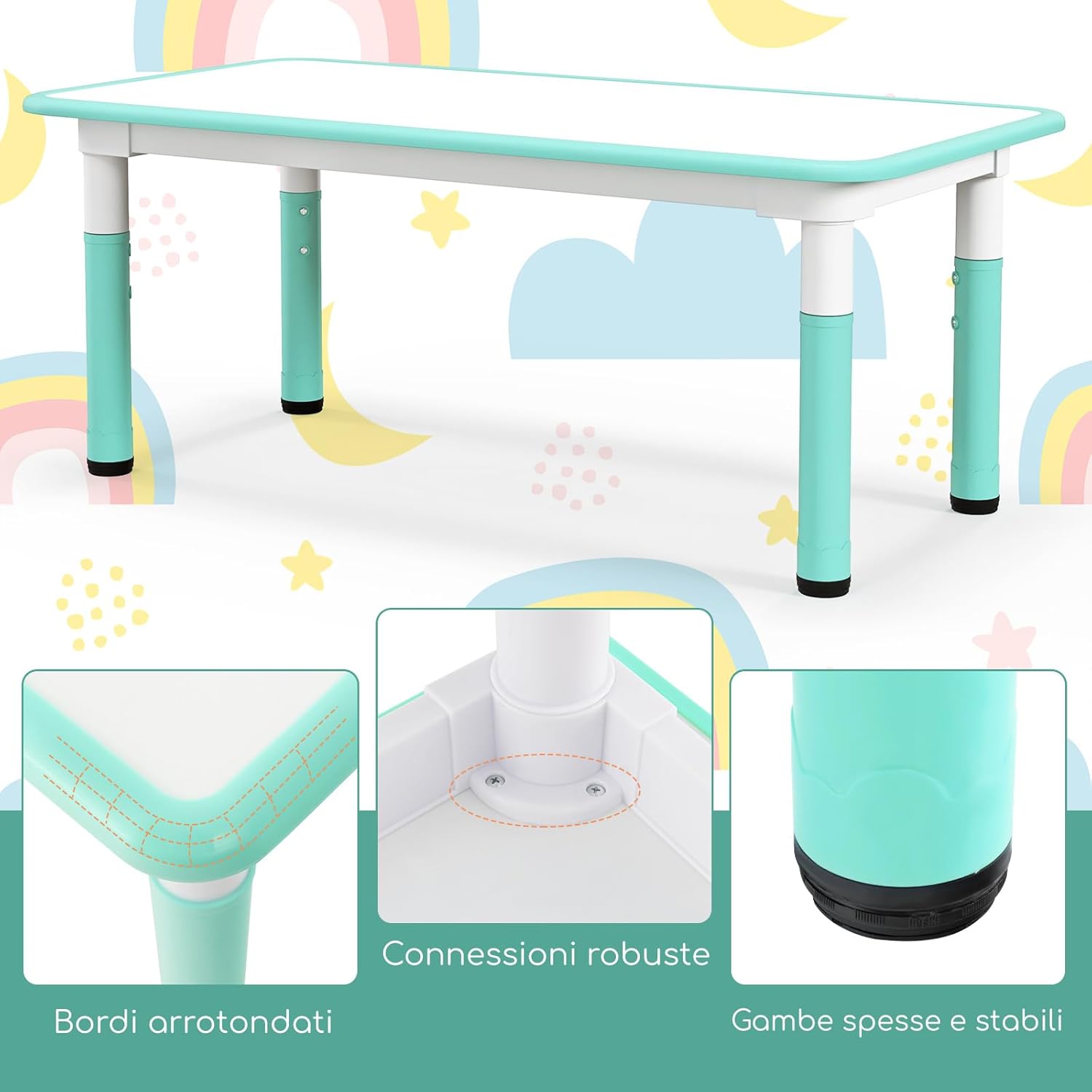Set Tavolo e 4 Seide per Bambini, Scrivania Regolabile in Altezza con Piano Graffiti, Gambe Antiscivolo, Mobile Multifuzione con 4 Posti per Cameretta, Asilo e Scuola (Verde)