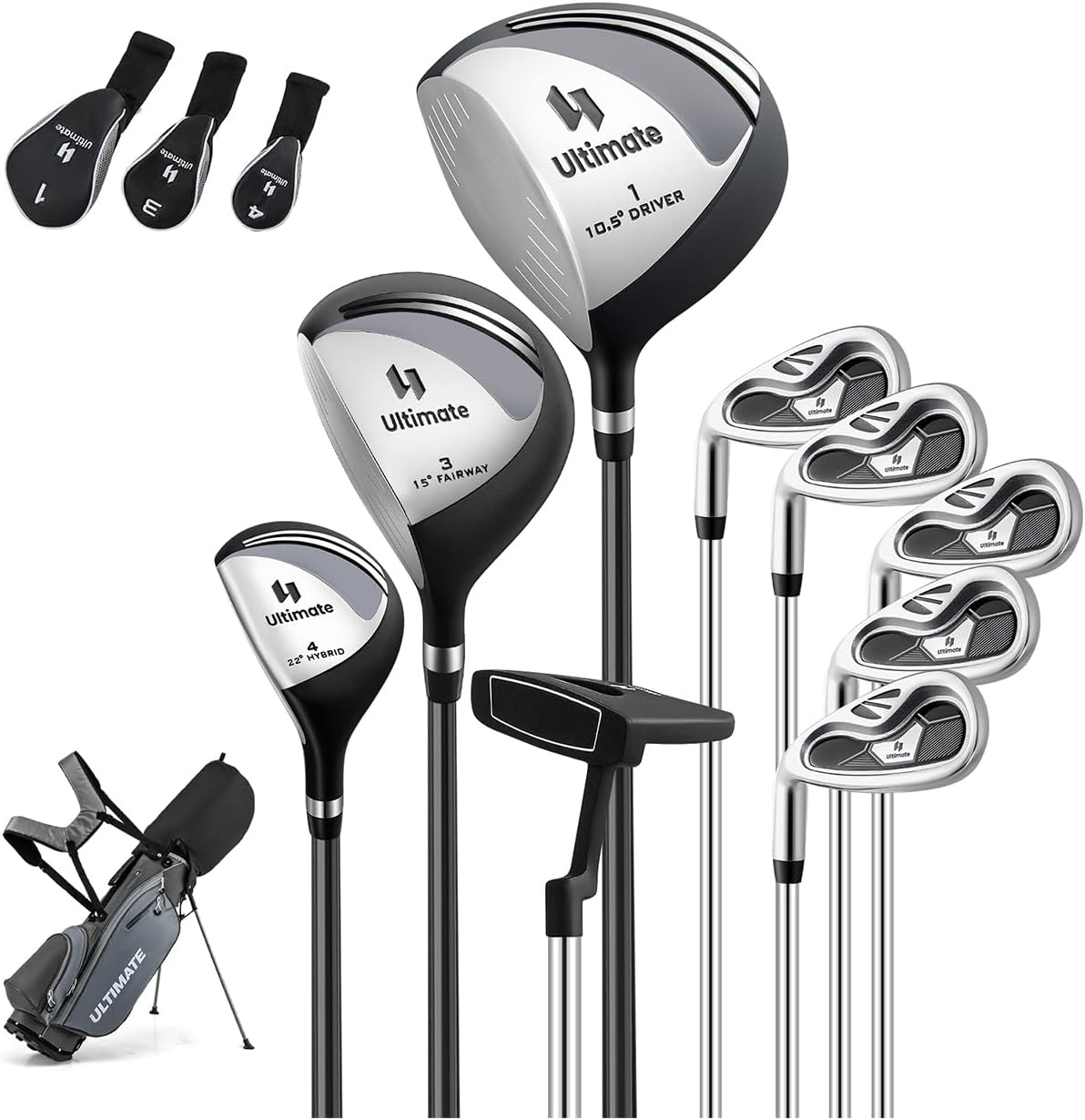 Set Completo di Mazze da Golf per Mancini da Uomo, Borsa Portatile con Supporto e Cappuccio Antipioggia, Include Driver 1 da 460CC, Fairway 3, Ibrido 4, Ferri 6, 7, 8, 9, P e Putter (Grigio)