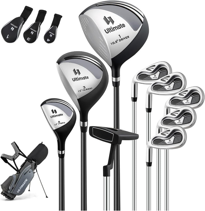 Set Completo di Mazze da Golf per Mancini da Uomo, Borsa Portatile con Supporto e Cappuccio Antipioggia, Include Driver 1 da 460CC, Fairway 3, Ibrido 4, Ferri 6, 7, 8, 9, P e Putter (Grigio)
