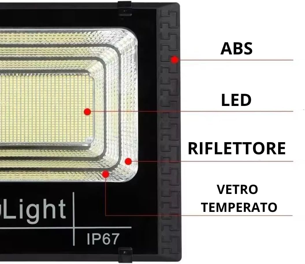 Faro LED Esterno 500W con Pannello Solare, Luce Solare 208 Potenti LED, Batteria 12000mAh LED Esterno con Pannello Solare 1200W, 6500K Bianco Freddo, Con Sensore Di Movimento 18000mAh, Telecomando + Staffa