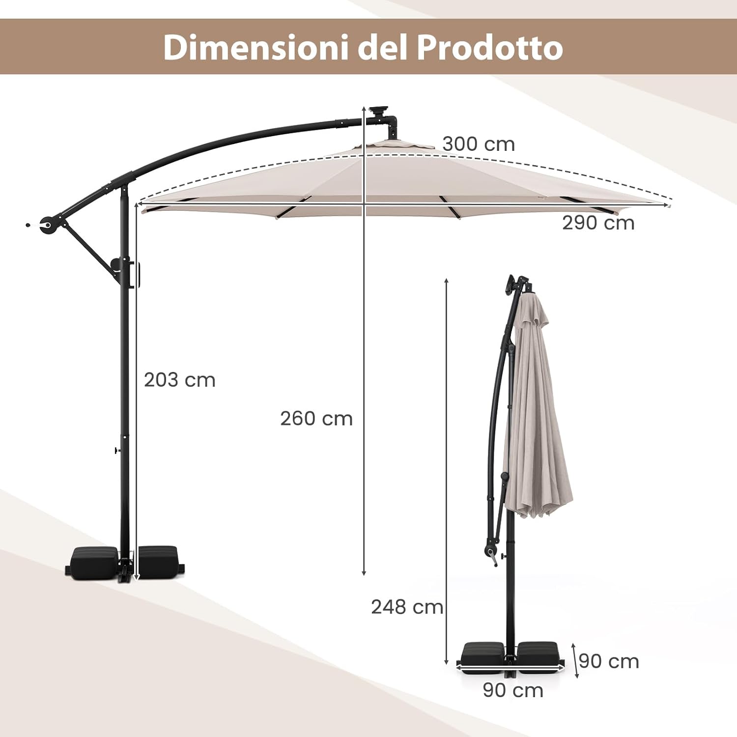 Ombrellone da Giardino 290 cm, con 96 Luci LED, Ombrellone Esterno con Base, Inclinazione Regolabile, Rotazione a 360°, Manovella, Parasole da Giardino (Beige)