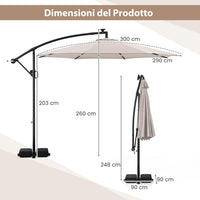 Ombrellone da Giardino 290 cm, con 96 Luci LED, Ombrellone Esterno con Base, Inclinazione Regolabile, Rotazione a 360°, Manovella, Parasole da Giardino (Beige)