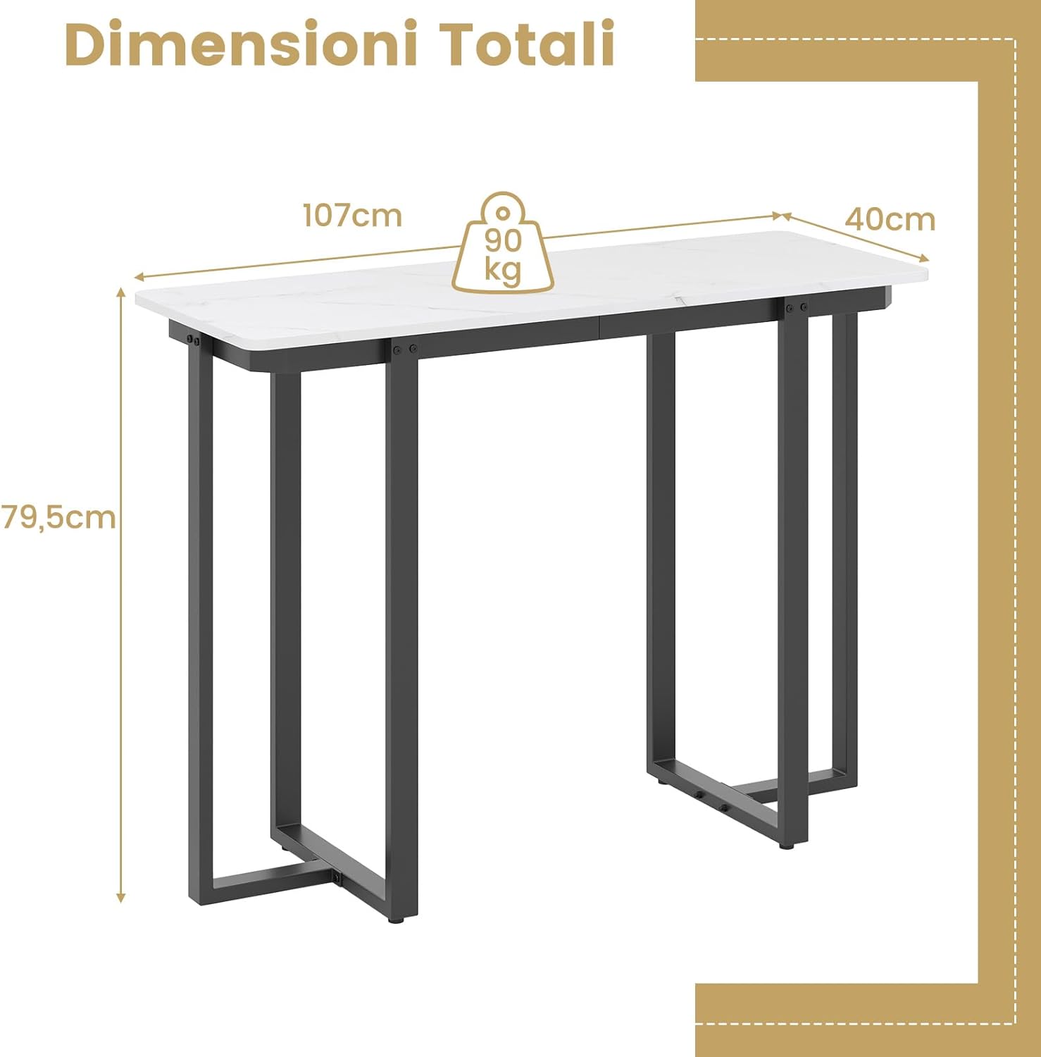 Tavolo Consolle, Tavolo d'Ingresso Moderno in Marmo Finto con Telaio Geometrico in Metallo, Tavolo Stretto per Soggiorno, Corridoio e Ingresso, 107 x 40 x 79,5 cm (Nero e bianco)