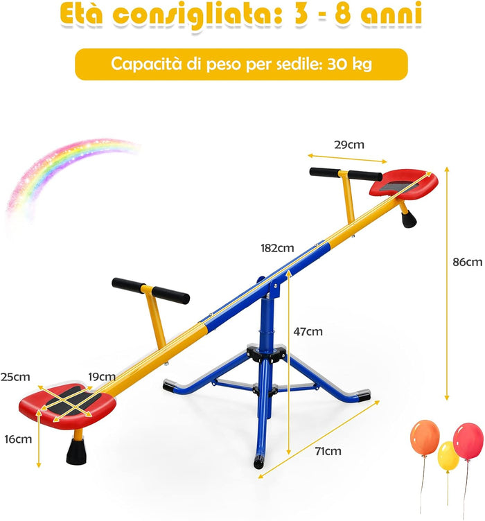 Altalena Basculante per Bambini, Altalena Saliscendi a 360° con Fermo per le Gambe, Altalena Basculante per Esterno Cortile e Parco Giochi, 2 Posti a Sedere