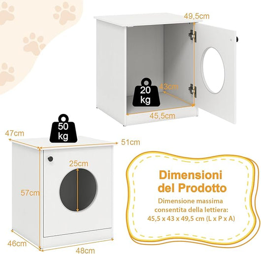 Lettiera per Gatti 51 x 47 x 57 cm, Toilette Nascosta per Gatti con Anta, Armadietto per Soggiorno e Camera da Letto, Bianco