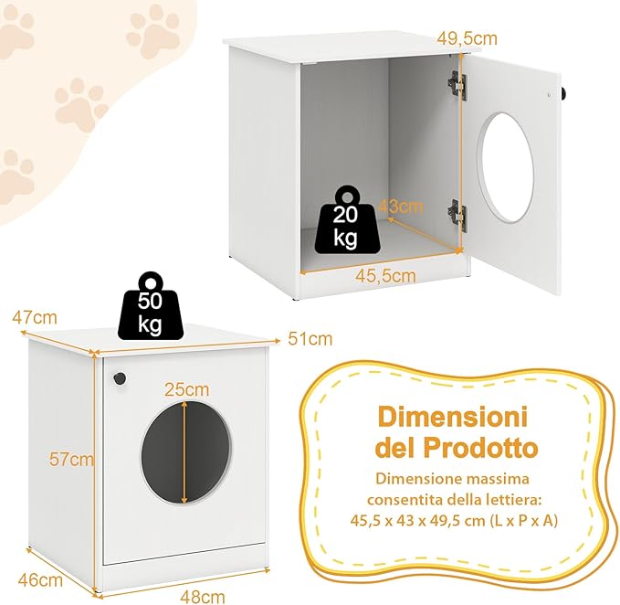 Lettiera per Gatti 51 x 47 x 57 cm, Toilette Nascosta per Gatti con Anta, Armadietto per Soggiorno e Camera da Letto, Bianco