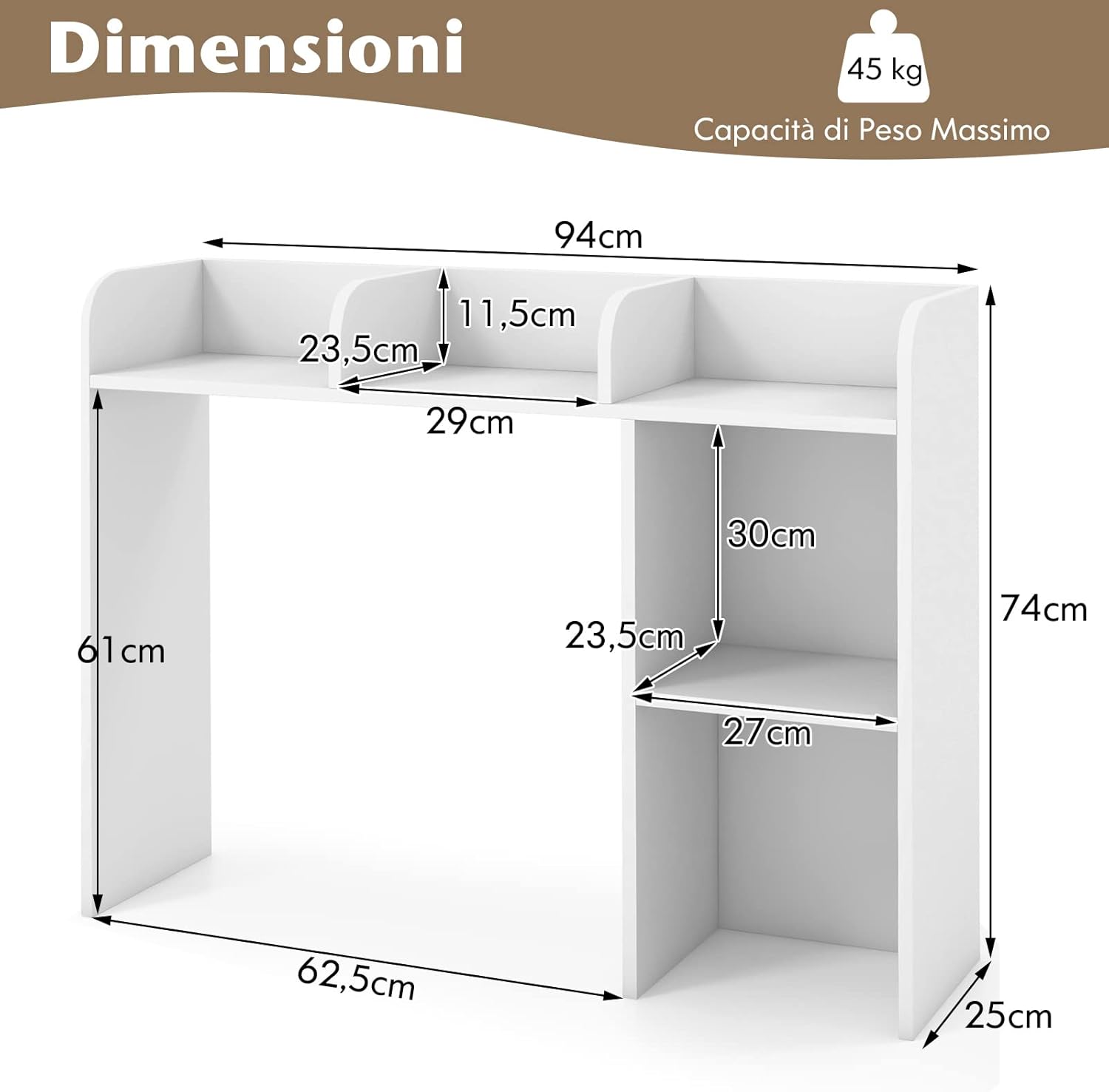 Scaffale da Scrivania in Legno, Libreria da Tavolo Salvaspazio con 4 Ripiani e Scomparto Aperto, Scaffale Espositivo per Computer, Casa Ufficio, 94x25x74 cm (Bianco)