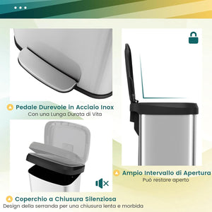 Bidone per Pattumiera, Pattumiera da Cucina con Pedale, Coperchio e Scomparto Deodorante, Ideale per Casa Ufficio, Rosa Dorato/Argento (68L, Argento)