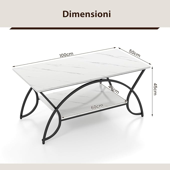 Tavolino da Caffè da Salotto, Tavolino Rettangolare a 2 Livelli con Struttura in Metallo, Tavolino Elegante e Moderno per Studio, Ufficio e Soggiorno, 100 x 50 x 45 cm (bianco e nero)