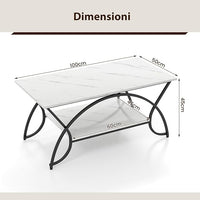 Tavolino da Caffè da Salotto, Tavolino Rettangolare a 2 Livelli con Struttura in Metallo, Tavolino Elegante e Moderno per Studio, Ufficio e Soggiorno, 100 x 50 x 45 cm (bianco e nero)