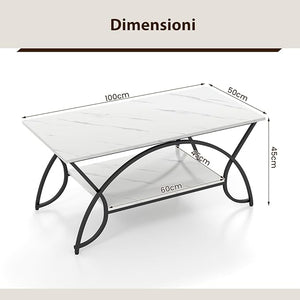 Tavolino da Caffè da Salotto, Tavolino Rettangolare a 2 Livelli con Struttura in Metallo, Tavolino Elegante e Moderno per Studio, Ufficio e Soggiorno, 100 x 50 x 45 cm (bianco e nero)