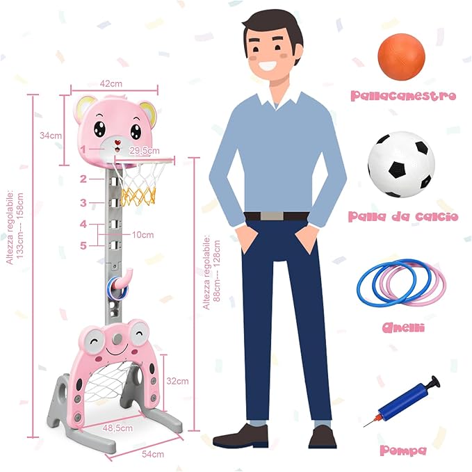 Canestro da Basket, Centro Attività 3 in 1 per Bambini, Canestro da Basket con Porta da Calcio e Gioco degli Anelli, Set Basket e Calcio a Forma di Orso, Ideale per Bambini (Rosa)