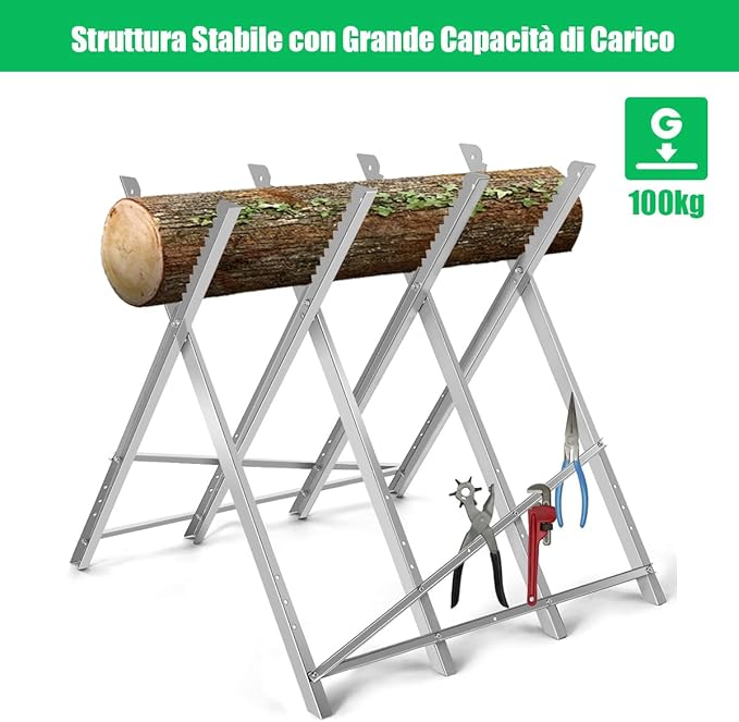 Cavalletto Taglialegna in Acciaio, Cavalletto Pieghevole con Capacità di Carico 100 kg, Cavalletto Leggero Portatile, 83 x 83 x 79 cm, Argenteo
