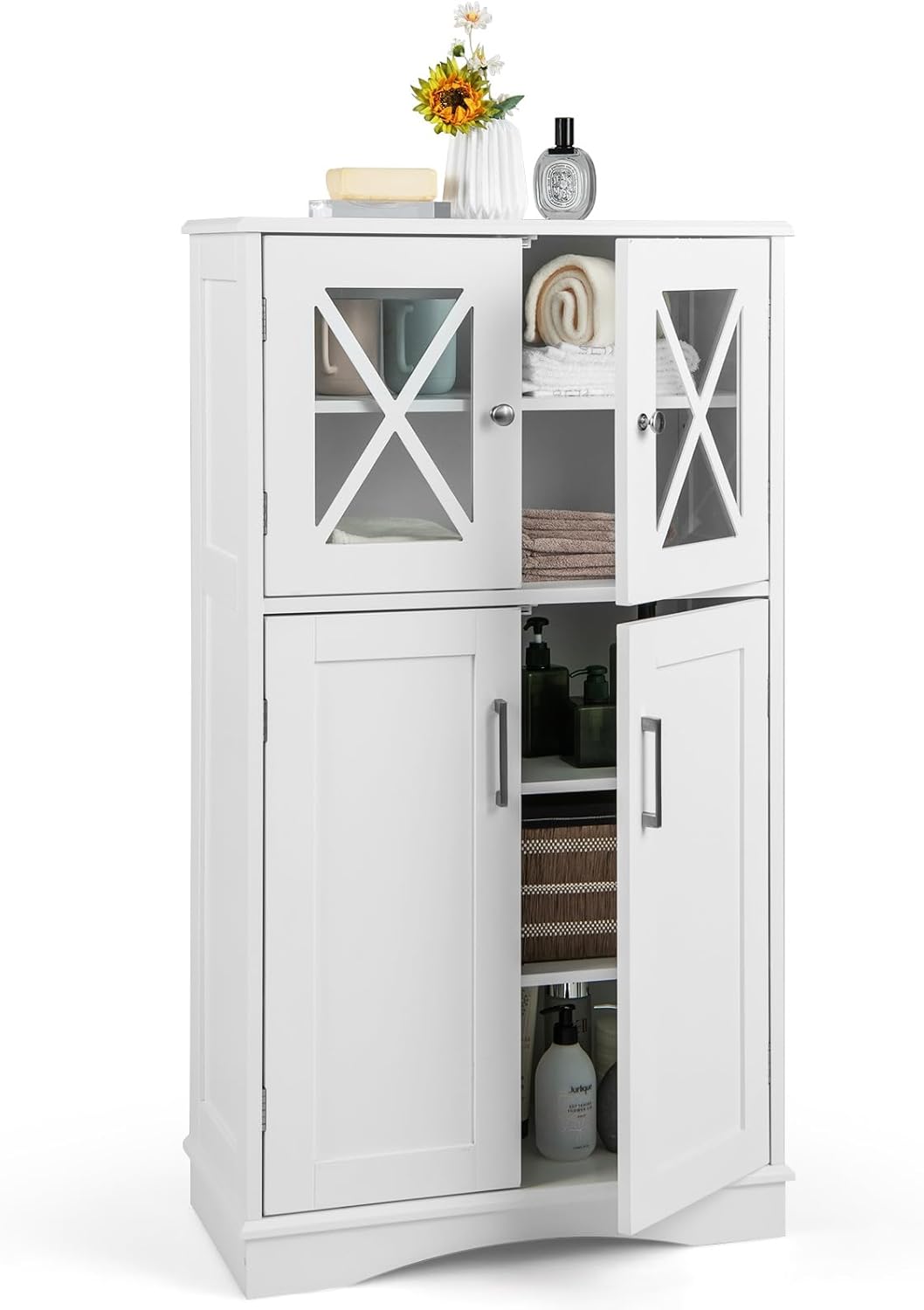 Mobile da Bagno con 4 Ante, Armadio da Terra con Ripiani Regolabili, Mobiletto Multifunzionale per Bagno Cucina e Soggiorno, 60x30x108 cm, Bianco (Bianco)