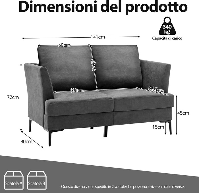 Divano Imbottito a 2 Posti, Divano Moderno con Cuscini e Braccioli, Gambe in Acciaio, Sofa per Soggiorno Appartamento Ufficio, 141x80x72cm