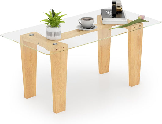 Tavolino da Caff¨¨ per Salotto, Tavolino Rettangolare in Vetro Temperato e Legno Massicio di Gomma, Tavolino da Divano Moderno per Soggiorno, 100 x 50 x 41 cm, Naturale