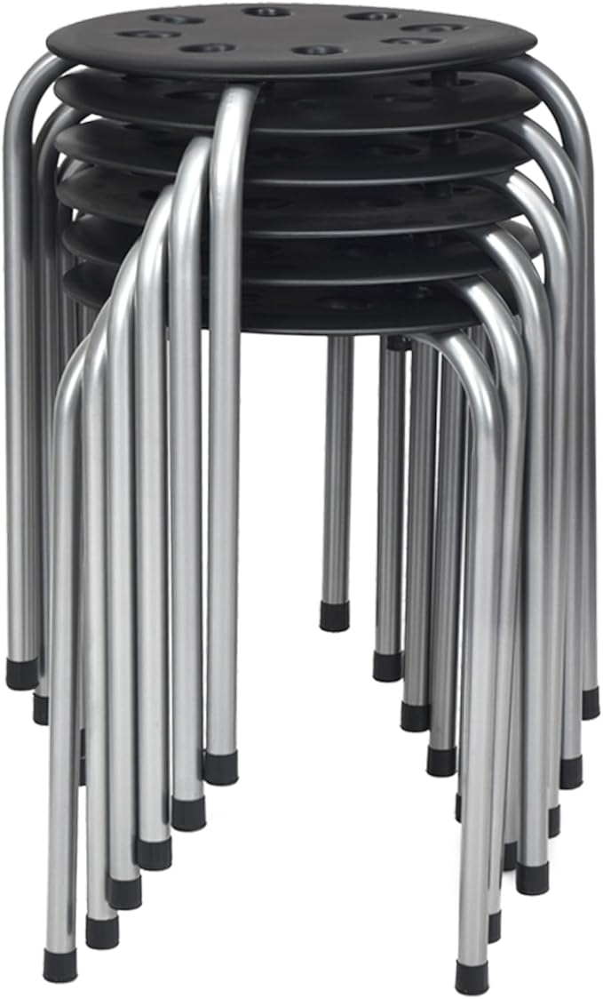 Set di 6 Sgabello Tondo Impilabile in Metallo, Sgabello Cucina Basso per Bambini Adulti, Sgabelli da Bar Casa Ufficio Aule, 30 x 30 x 44,5 cm (Nero + Grigio)