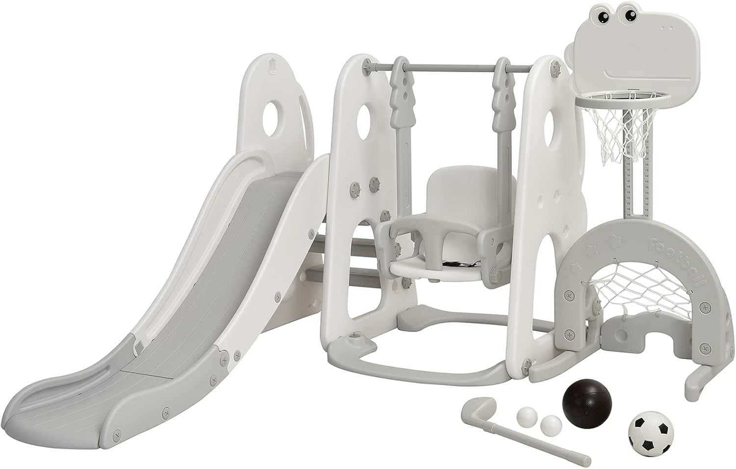 6 in 1 Parco Giochi per Bambini, con Altalena Scivolo Canestro da Basket Golf, Parco Giochi per Bambini da Esterno ed Interno, 172x182x108-120cm, 18 Mesi+ (Bianco)